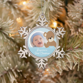 Niedlich Bear Baby's First Christmas Foto Schneeflocken Zinn-Ornament