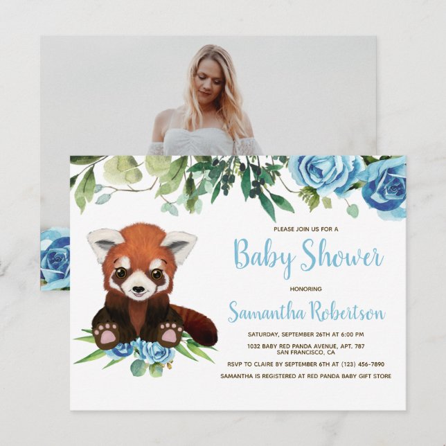 Niedlich Bear Blue Flowers Boy Baby Dusche Foto Einladungspostkarte (Vorne/Hinten)