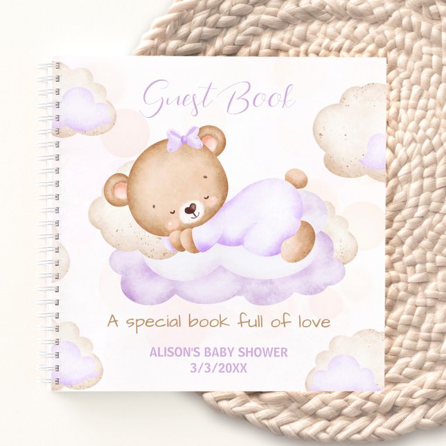 Niedlich Bear Lila Girl Baby Dusche Gästebuch Notizbuch (Bearly Wait Purple Girl Baby shower Guest Book)