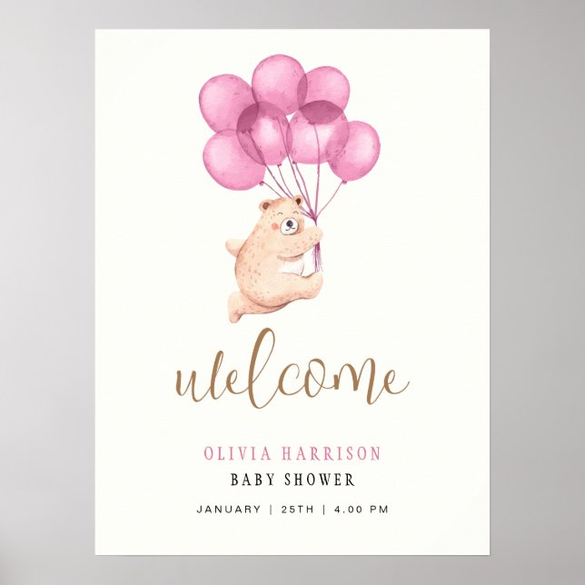 Niedlich Bear Pink Balloon Babydusche Begrüßungsze Poster (Vorne)