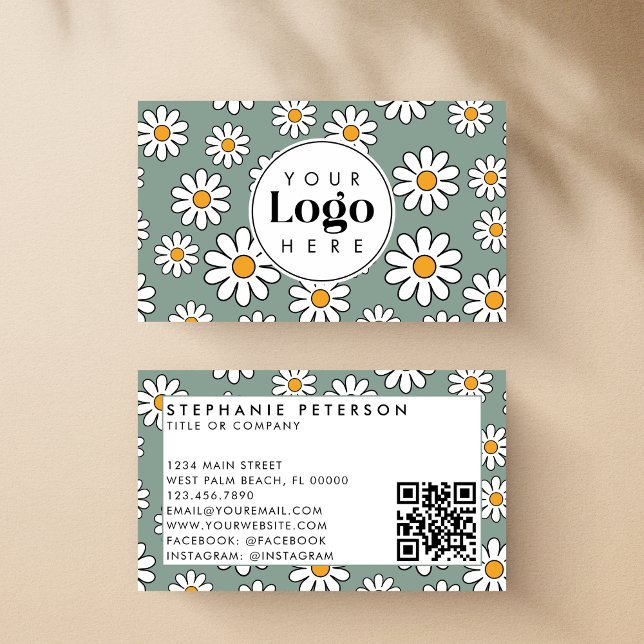 Niedlich bearbeitbarer Daisy Floral Custom Logo QR Visitenkarte (Von Creator hochgeladen)