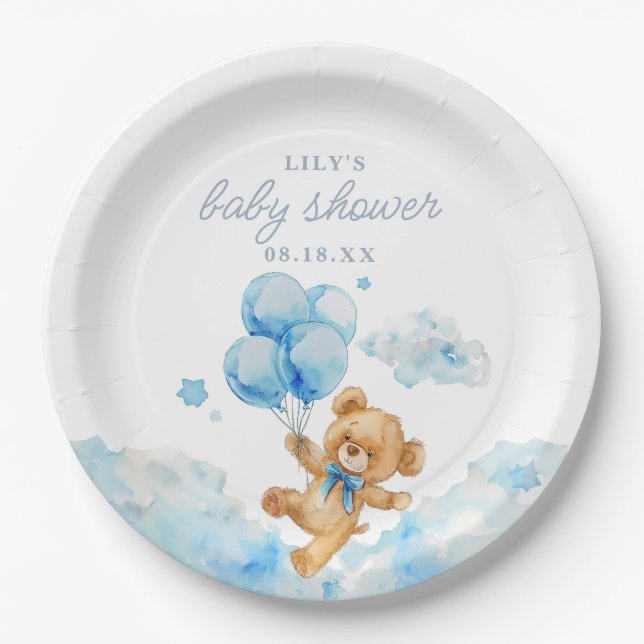 Niedlich Bearly Wait Blue Boy Baby Dusche Pappteller (Vorderseite)