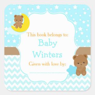 Niedlich Bears Boy mit Star Baby Shower Buchzeiche Quadratischer Aufkleber