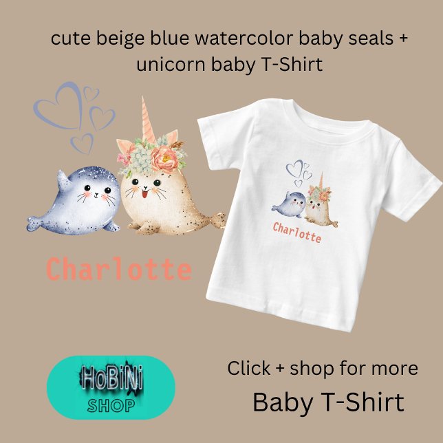 niedlich-beige-blaue Aquarellbaby-Siegel + Einhorn Baby T-shirt (cute beige blue watercolor baby seals + unicorn baby T-Shirt)