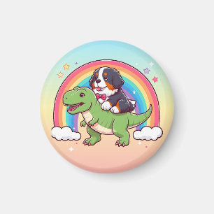 Niedlich Bernese Mountain Dog Riding T-Rex Dinosau Magnet