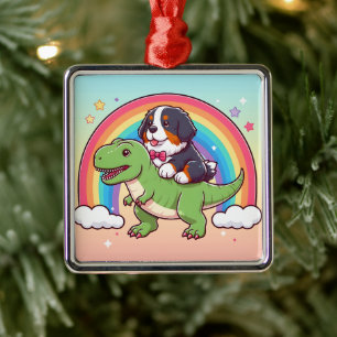 Niedlich Bernese Mountain Dog Riding T-Rex Dinosau Ornament Aus Metall