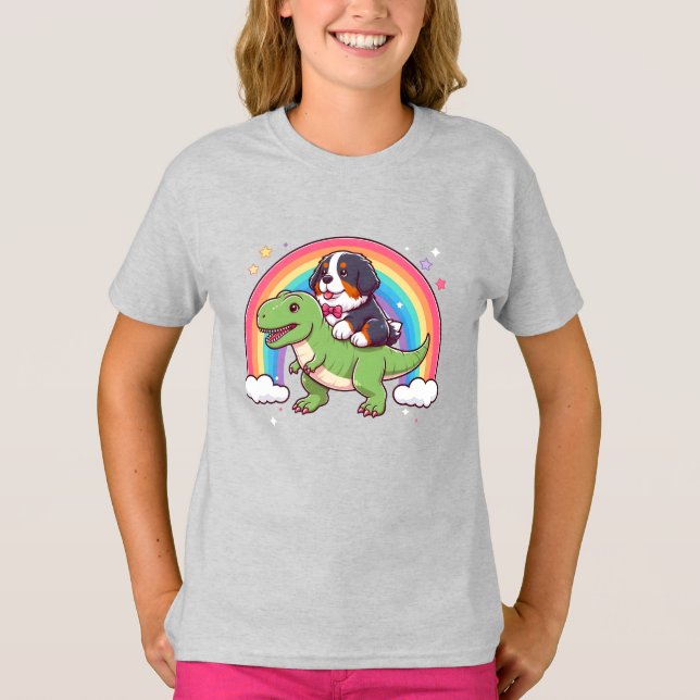 Niedlich Bernese Mountain Dog Riding T-Rex Dinosau T-Shirt (Vorderseite)