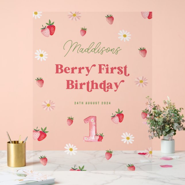 Niedlich Berry First Birthday Girls Strawberry Wil Acrylschild (Hochzeit)