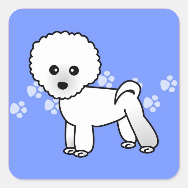 Niedlich Bichon Frise Cartoon - Blau Quadratischer Aufkleber (Vorderseite)