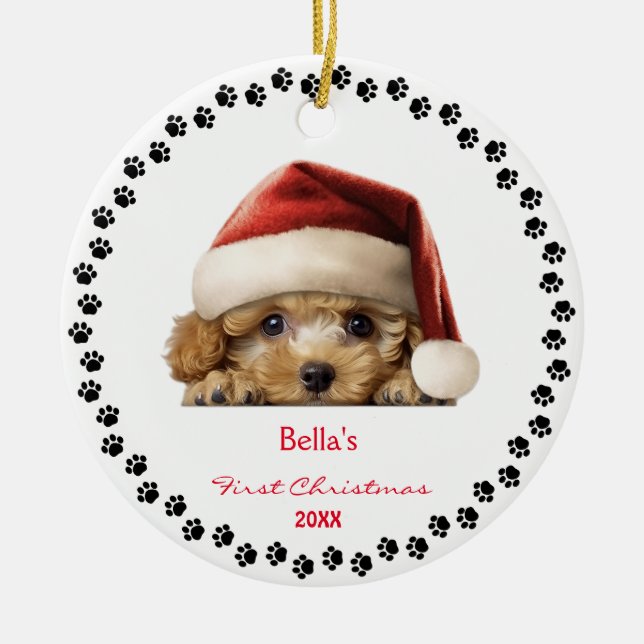 Niedlich Bichon Frise Dog Weihnachtsmannmütze Erst Keramik Ornament (Vorne)