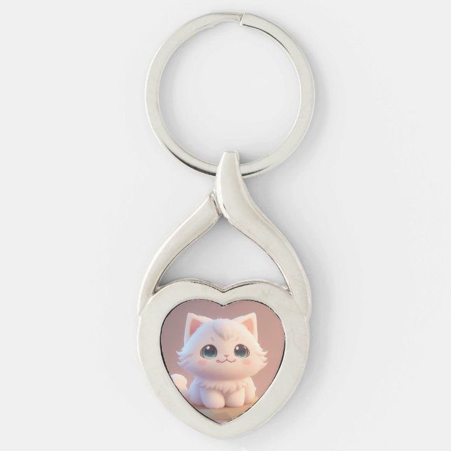 Niedlich Big Eyes Fluffy White Kitten Schlüsselanhänger (Vorderseite)