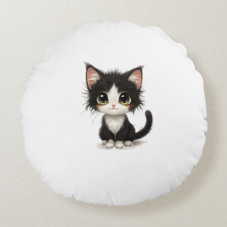 Niedlich Big Mit Augen Kitten - Chibi Black & Whit Rundes Kissen