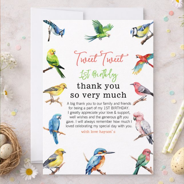 Niedlich Bird 1. Geburtstag Dankeskarte (Cute Bird 1st Birthday | Sweet Baby Bird Party thank you card)