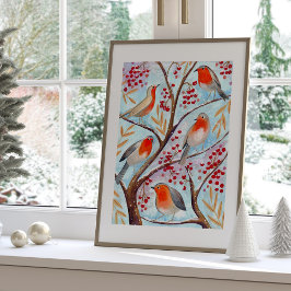 Niedlich Bird Red Robin Blue Christmas Family Poster