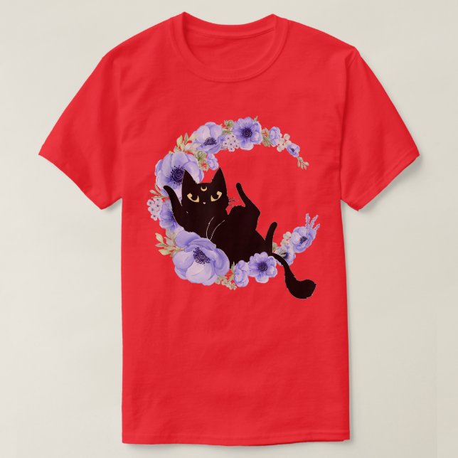 Niedlich Black Cat Blue Blume Crescent Moon Luna C T-Shirt (Design vorne)