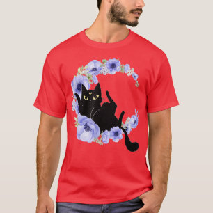 Niedlich Black Cat Blue Blume Crescent Moon Luna C T-Shirt