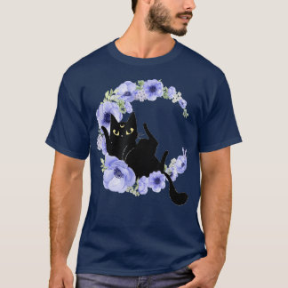 Niedlich Black Cat Blue Blume Crescent Moon Luna C T-Shirt