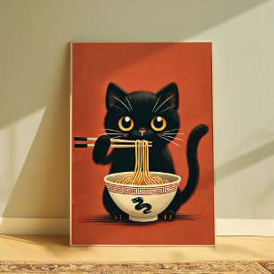 Niedlich Black Cat Eating Ramen Kawaii Noodle Wall Poster
