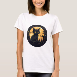 Niedlich Black Cat Full Moon Modernes Halloween T-Shirt