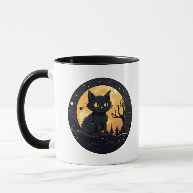 Niedlich Black Cat Full Moon Modernes Halloween Tasse (Links)