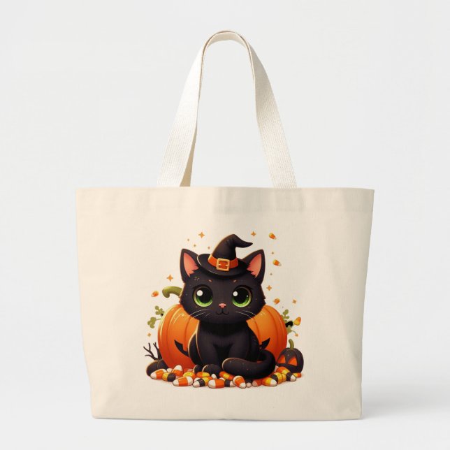 Niedlich Black Cat Halloween Jumbo Stoffbeutel (Vorne)