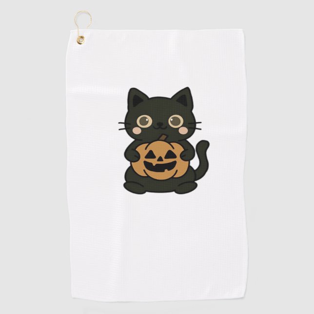 Niedlich Black Cat Holding Kürbislaterne Pumpkin - Golfhandtuch (Vorderseite)