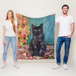 Niedlich Black Cat Kitten mit roten Blätter Blue D Fleecedecke