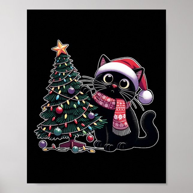 Niedlich Black Cat Kitten Weihnachtsmannmütze Weih Poster (Vorne)