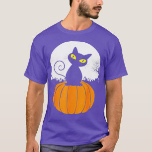Niedlich Black Cat On Pumpkin Full Moon Funny Hall T-Shirt