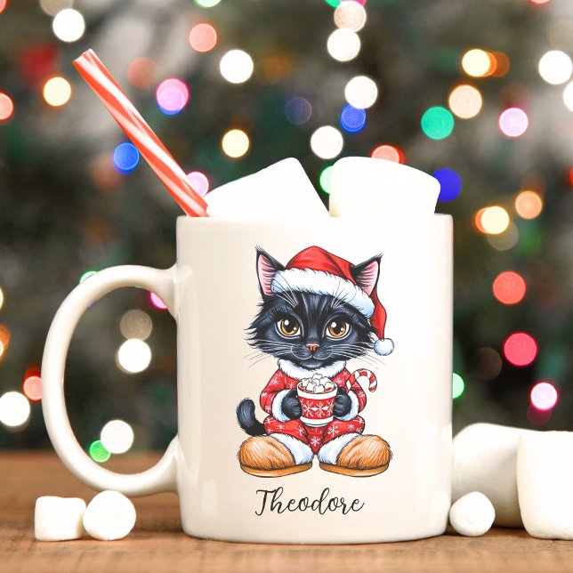 Niedlich Black Cat personalisiert Weihnachten Tass Kaffeetasse (Black cat personalized Christmas mug.)