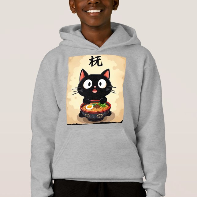 Niedlich Black Cat Ramen - Kawaii Japanische Nudel Hoodie (Vorderseite)