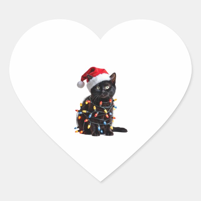 Niedlich Black Cat Santa Christmas Lights Meow Kit Herz-Aufkleber (Vorderseite)