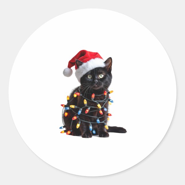 Niedlich Black Cat Santa Christmas Lights Meow Kit Runder Aufkleber (Vorderseite)