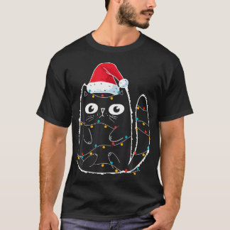 Niedlich Black Cat Santa Christmas Lights Meow Kit T-Shirt