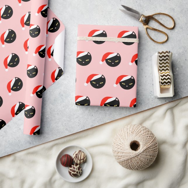 Niedlich Black Cat Santa Red Pattern Pink Weihnach Geschenkpapier (Kunsthandwerk)