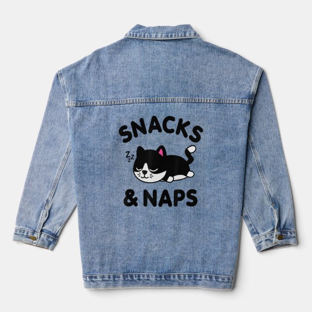 Niedlich Black Cat Snacks Nickerchen Funny Sprichw Jeansjacke (Rückseite)