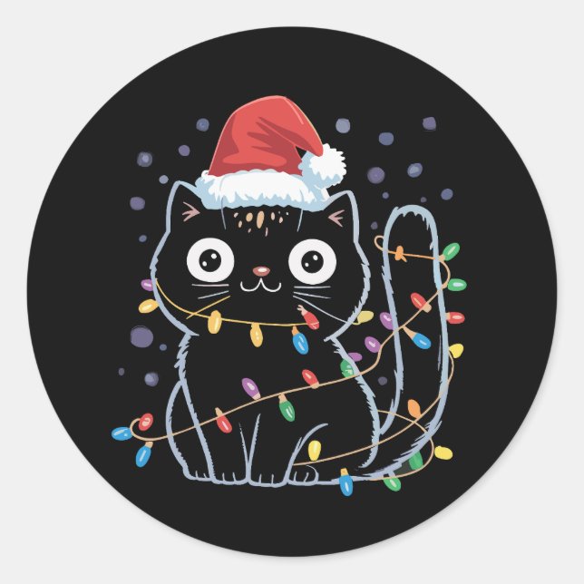 Niedlich Black Cat Weihnachtslicht Meow Kitty Runder Aufkleber (Vorderseite)