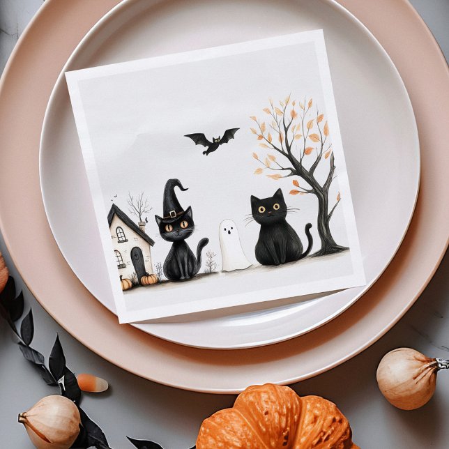 Niedlich Black Cats Halloween-Party Serviette (Cute Black Cats Halloween Party Napkins on an orange plate with autumn decoration)