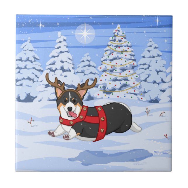 Niedlich Black Corgi Weihnachts-Rentierkostüm Fliese (Vorderseite)