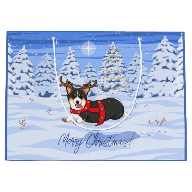 Niedlich Black Corgi Weihnachts-Rentierkostüm Große Geschenktüte (Vorderseite)