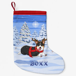Niedlich Black Corgi Weihnachts-Rentierkostüm Kleiner Weihnachtsstrumpf