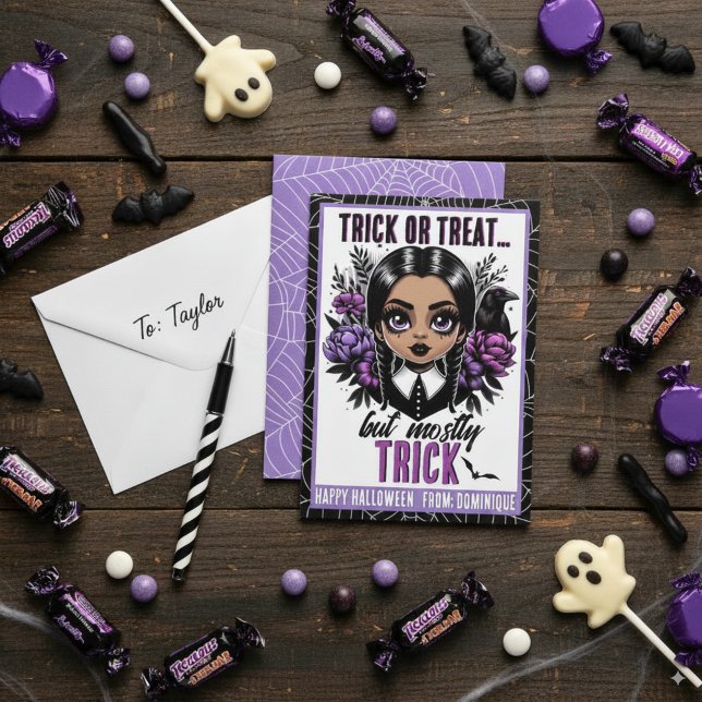 Niedlich Black Girl Gothic Halloween-Klassenzimmer Platzkarte (Cute Brown Girl Gothic Halloween Classroom Cards )