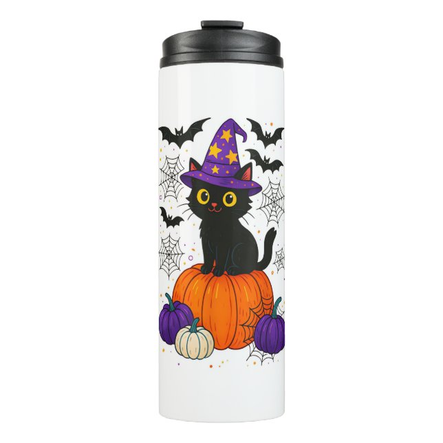 Niedlich Black Hexe Kat Pumpkin Halloween Kostüm F Thermosbecher (Vorderseite)
