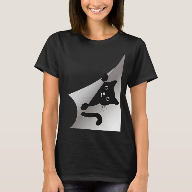 Niedlich Black Kitten Cat Peeking Kitty T-Shirt (Vorderseite)