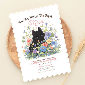 Niedlich Black Kitten Floral Geburtstag Einladung 