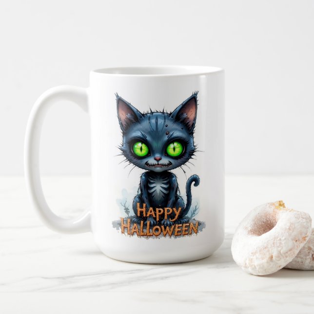 Niedlich Black Kitten Halloween Whimsical Cat Love Kaffeetasse (Mit Donut)