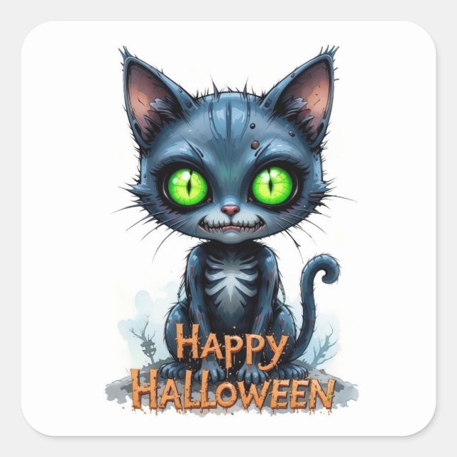 Niedlich Black Kitten Halloween Whimsical Cat Love Quadratischer Aufkleber (Vorderseite)