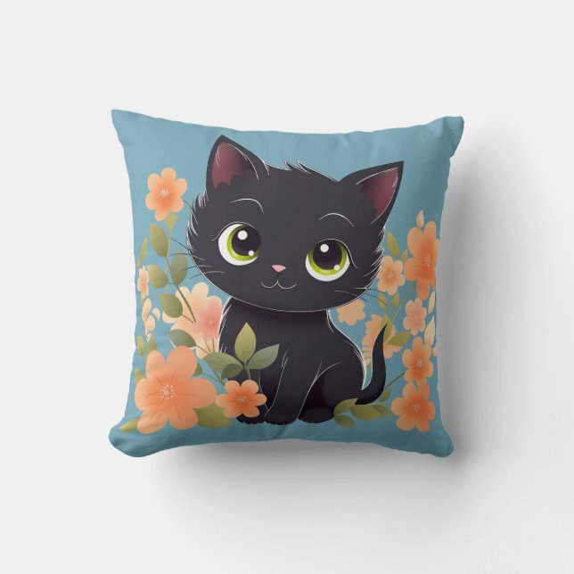 Niedlich Black Kitten, Hauspanther mit Blume Kissen (Vorderseite)