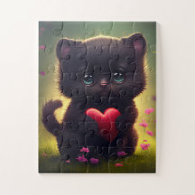 Niedlich Black Kitten Holen eines Heart Jigsaw Puz