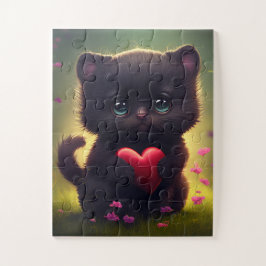 Niedlich Black Kitten Holen eines Heart Jigsaw Puz Puzzle